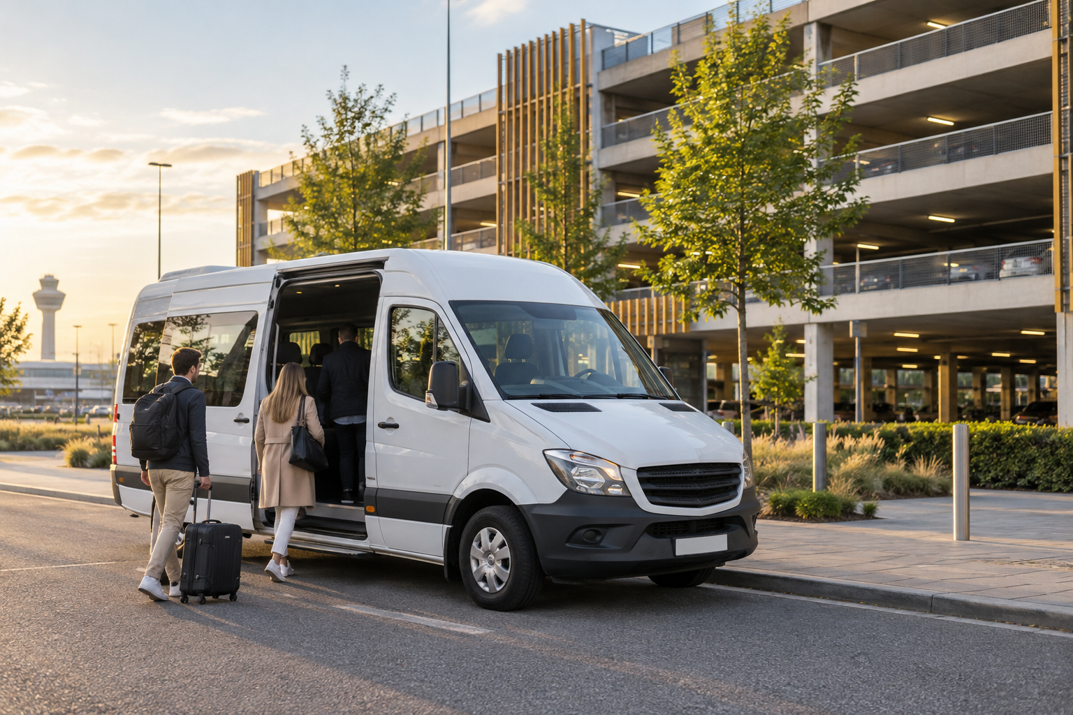 A shuttle bus at a modern car park