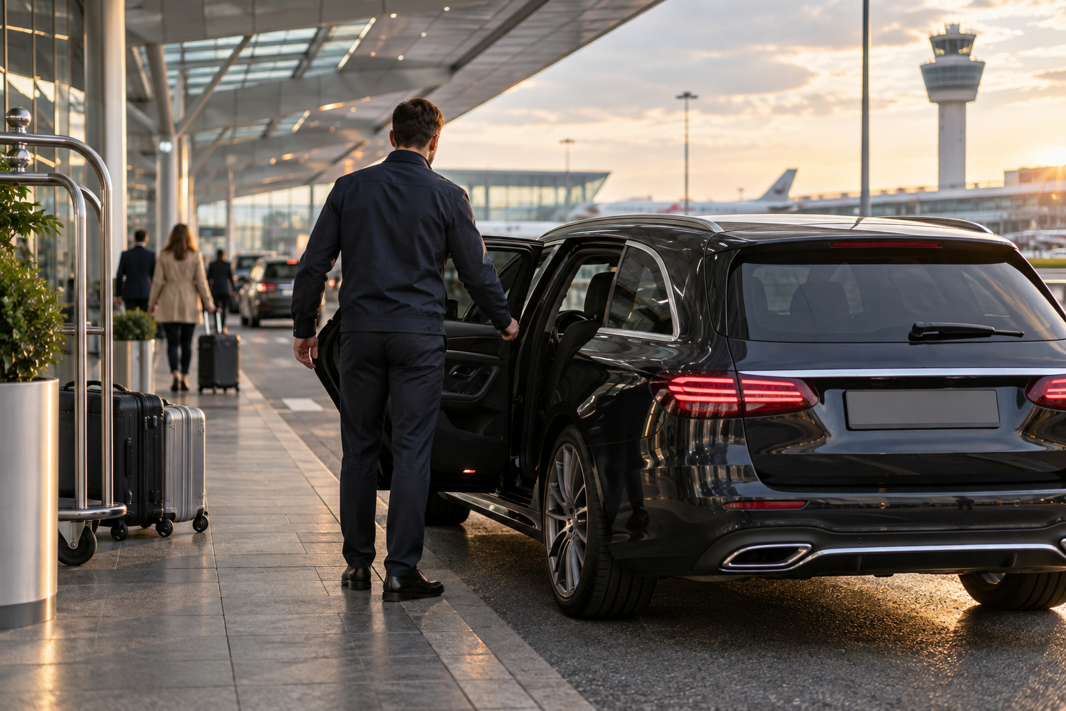 A valet attendant beside a car at the terminal